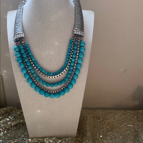Turquoise and Silver toned multi strand beaded necklace - Picture 1 of 4